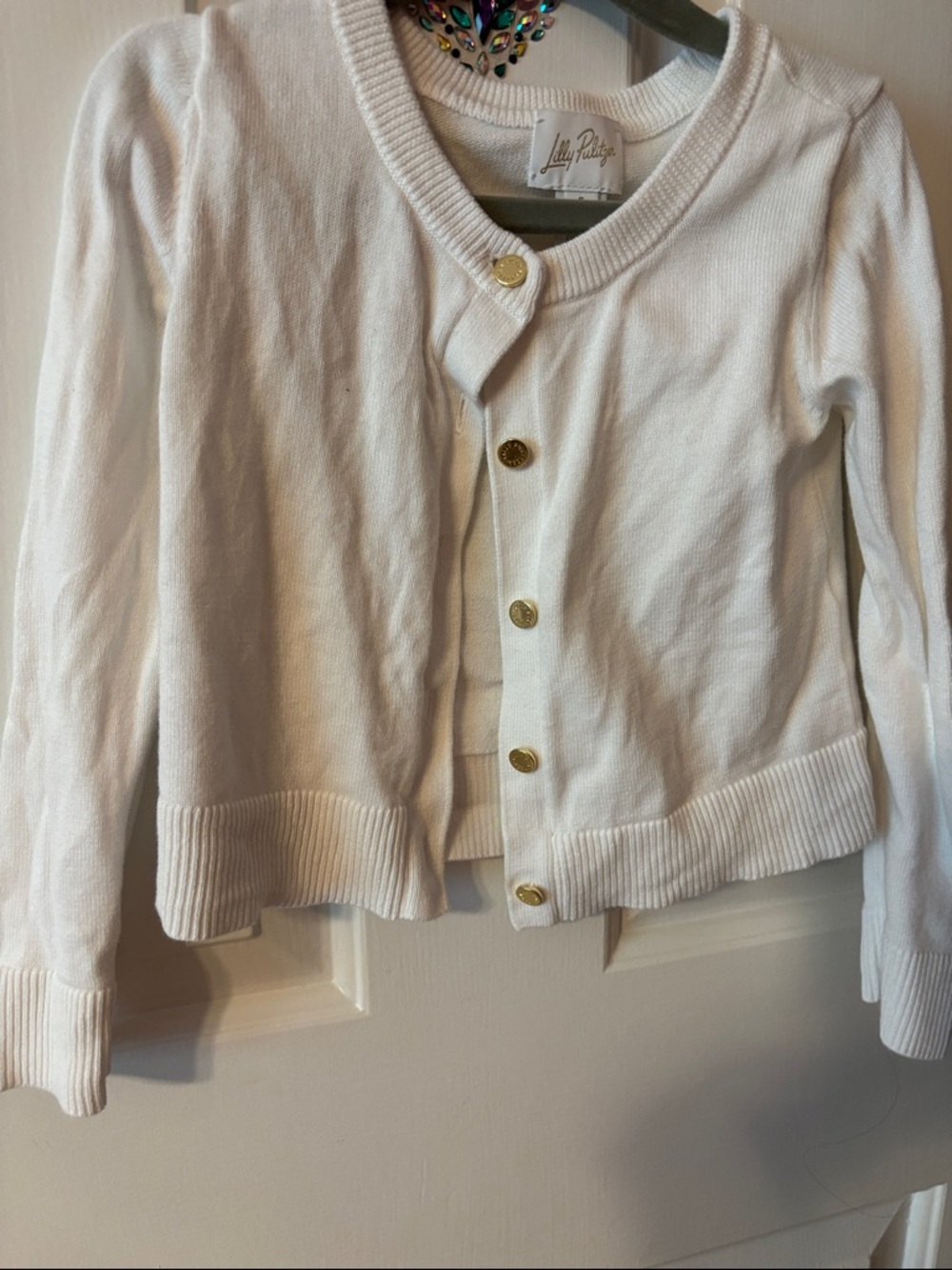 Lilly Pulitzer White Crewneck Cardigan with Gold Buttons